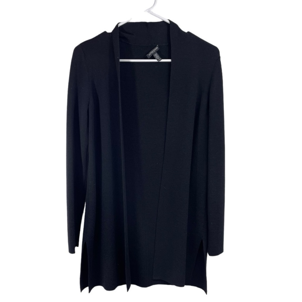 Eileen Fisher Size PS Small 100% Wool Knit Open Front Cardigan Sweater Black